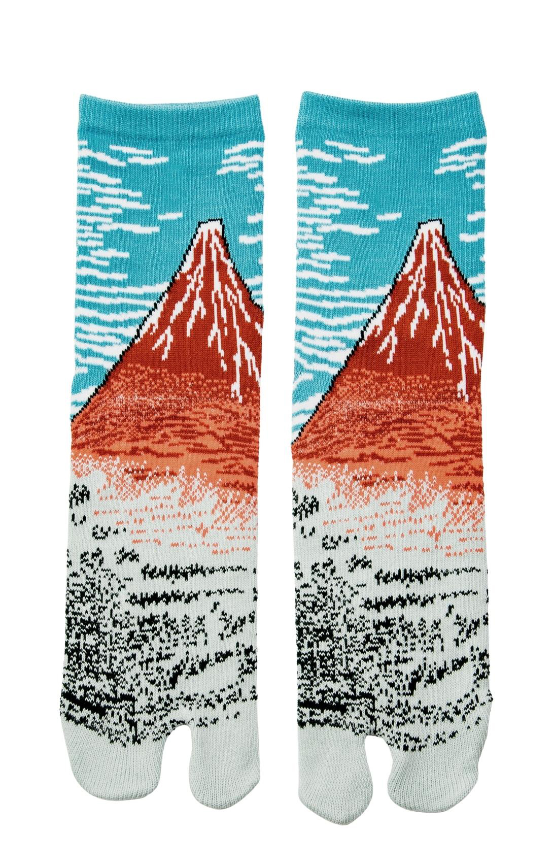 1610 hokusai red mount fuji toe ttabi socks