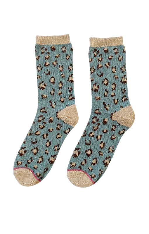5520 dusty mint leopard animal organic cotton crew socks